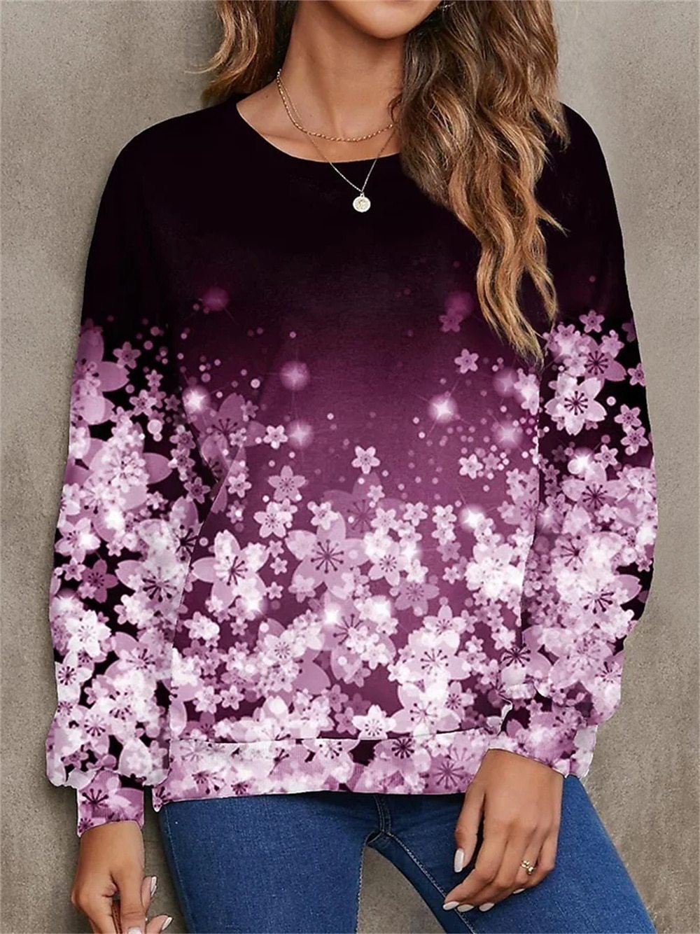 Crew Neck Floral Loose Casual Sweatshirt