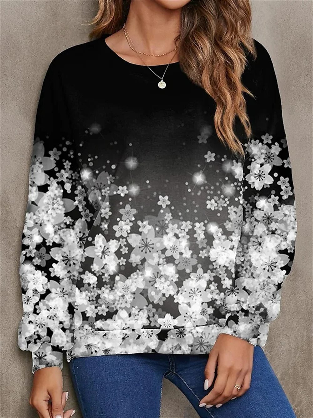 Crew Neck Floral Loose Casual Sweatshirt