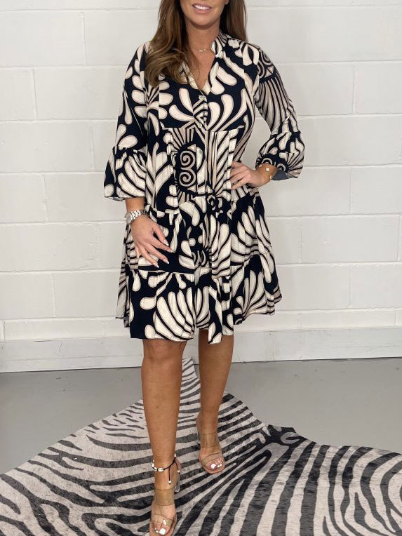 Stand Collar Casual Abstract Regular Fit Dress With No