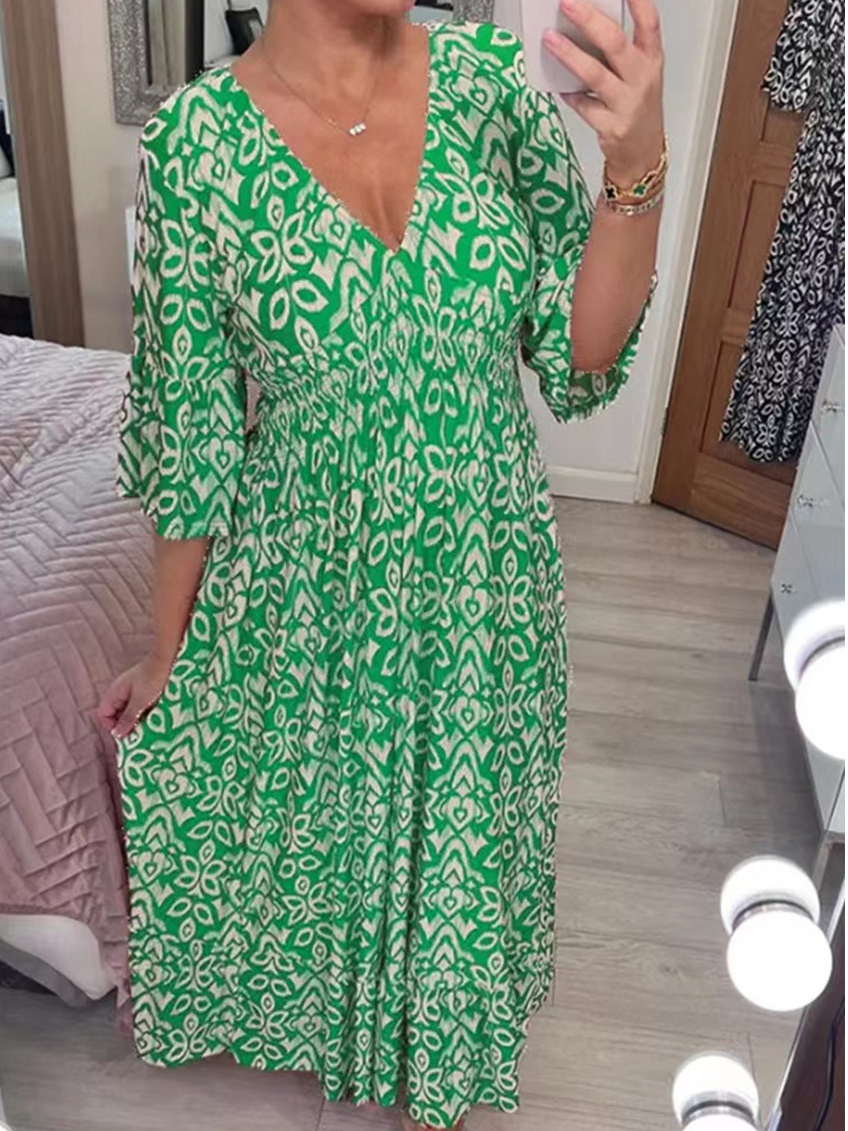 V Neck Ethnic Casual Dress With No