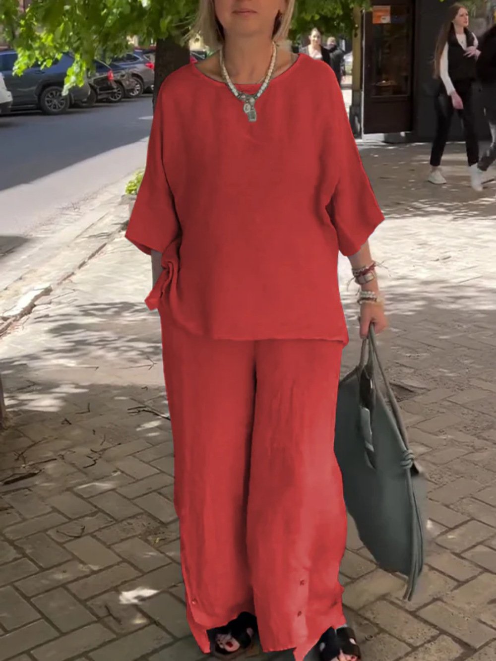 Crew Neck Cotton And Linen Plain Casual Two-Piece Set
