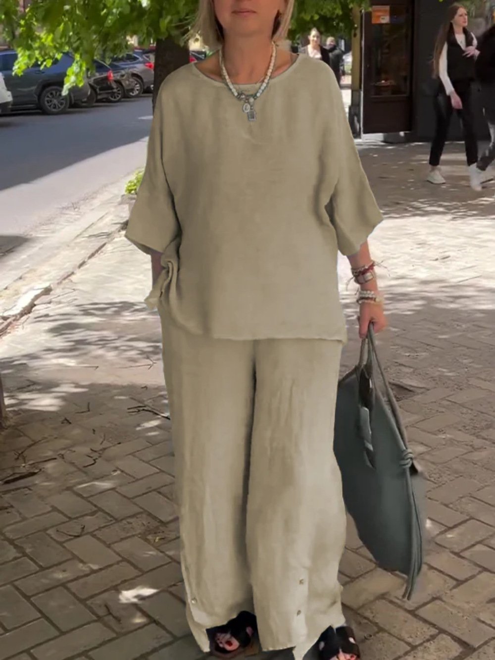 Crew Neck Cotton And Linen Plain Casual Two-Piece Set