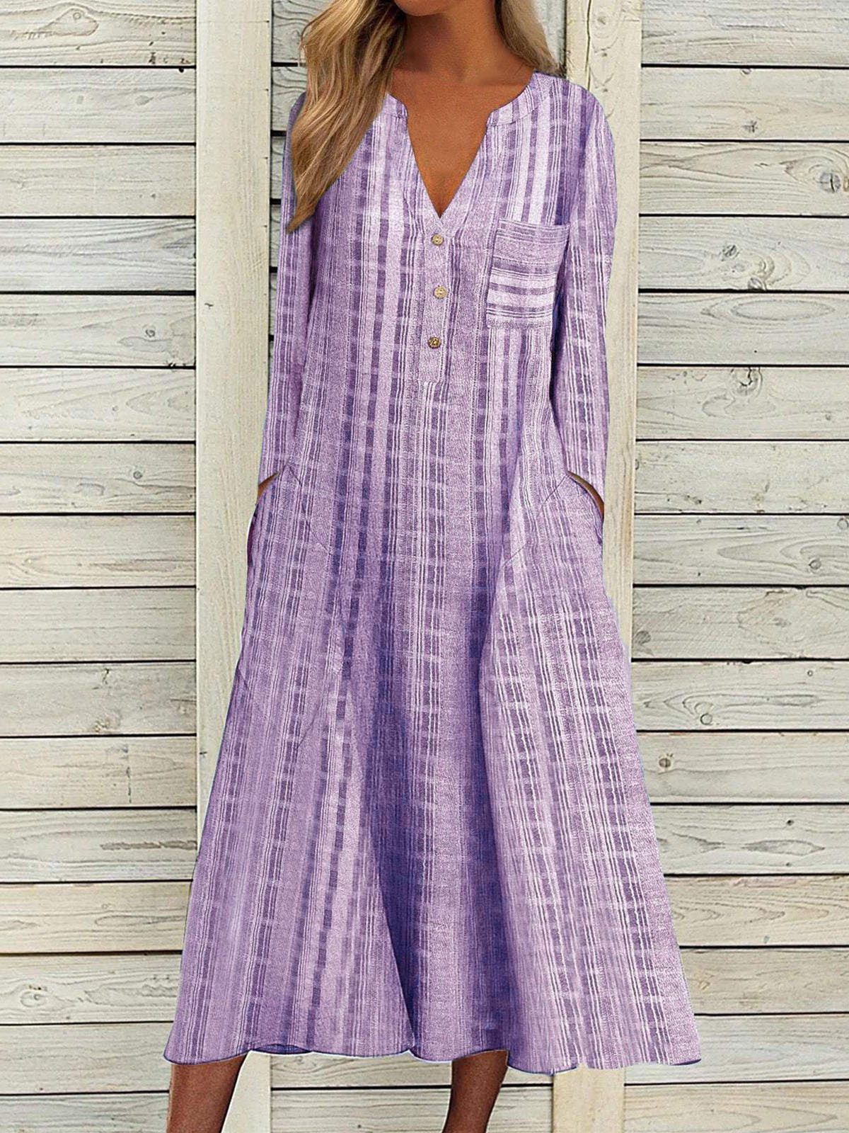 V Neck Cotton And Linen Casual Dress With No
