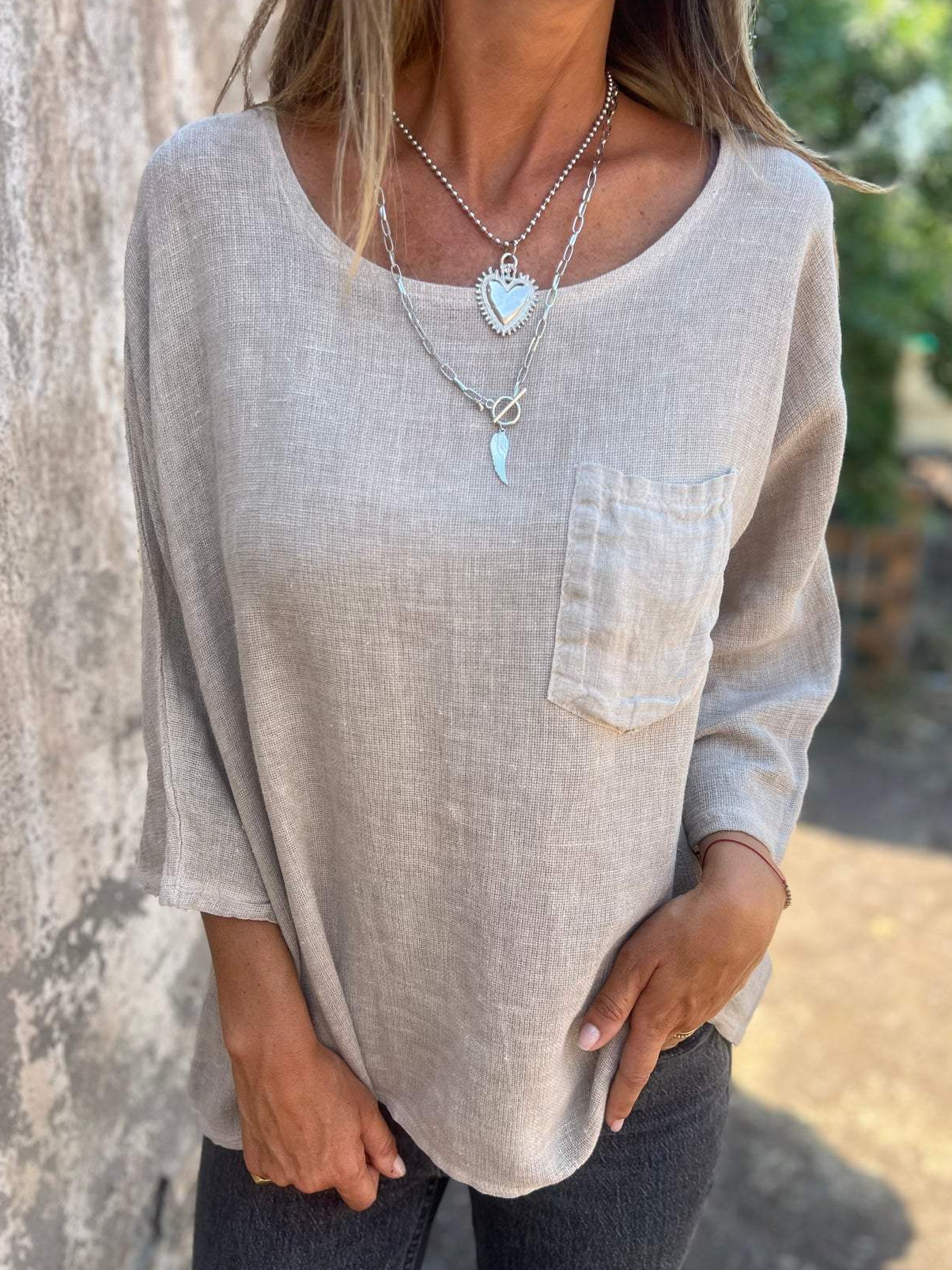 Casual Plain Cotton And Linen Blouse