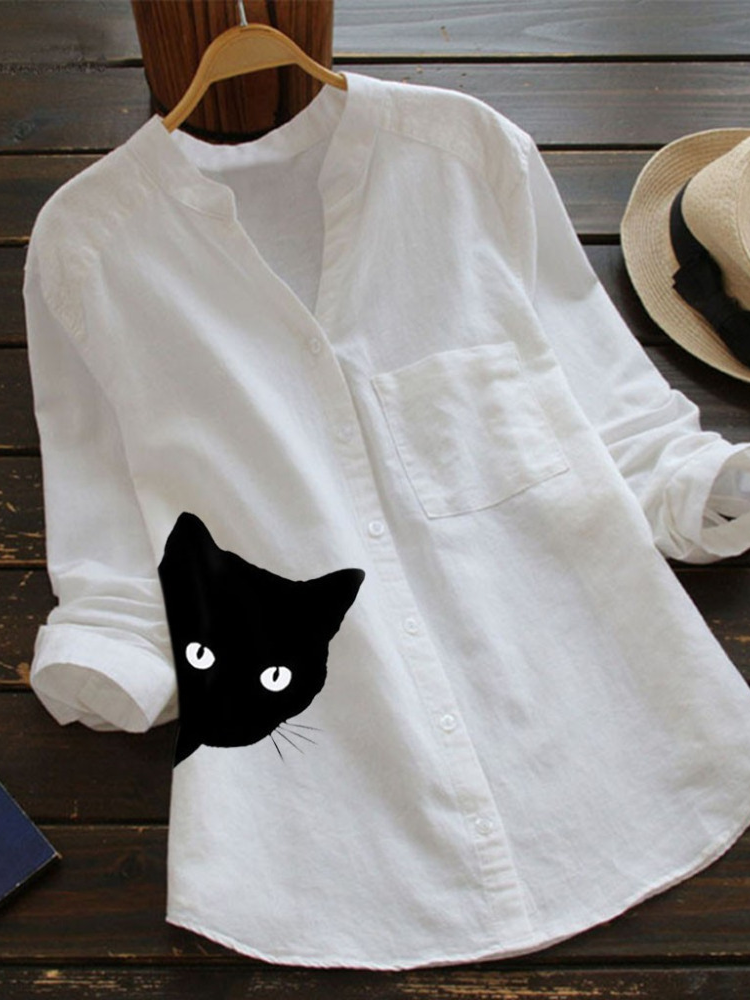 Casual Cotton And Linen V Neck Loose Blouse