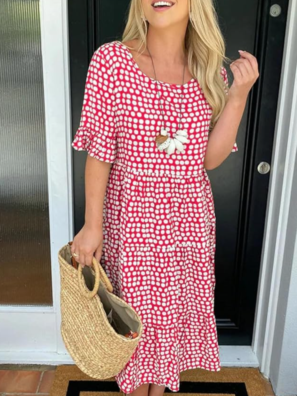 Crew Neck Casual Regular Fit Polka Dots Dress With No