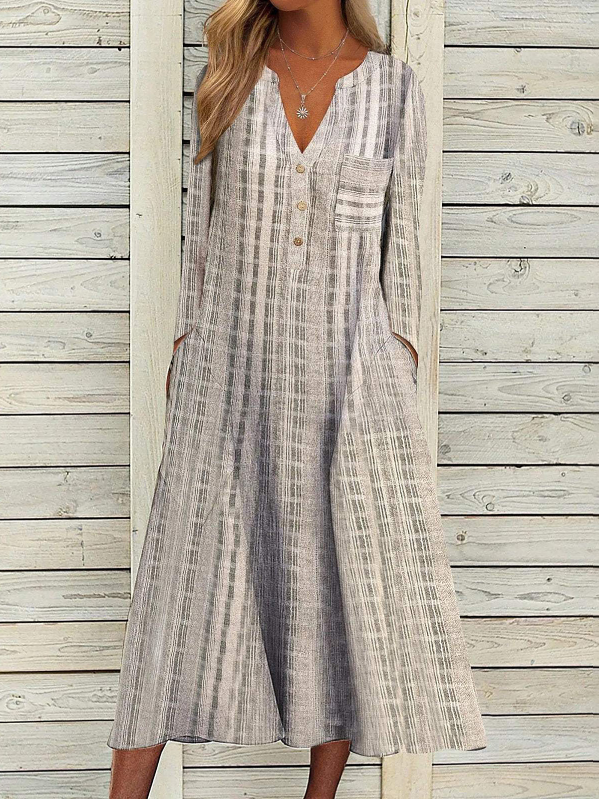 V Neck Cotton And Linen Casual Dress With No