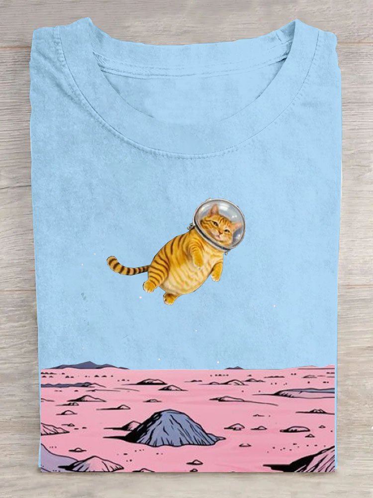 Funny Space Cat Printed Casual T-Shirt