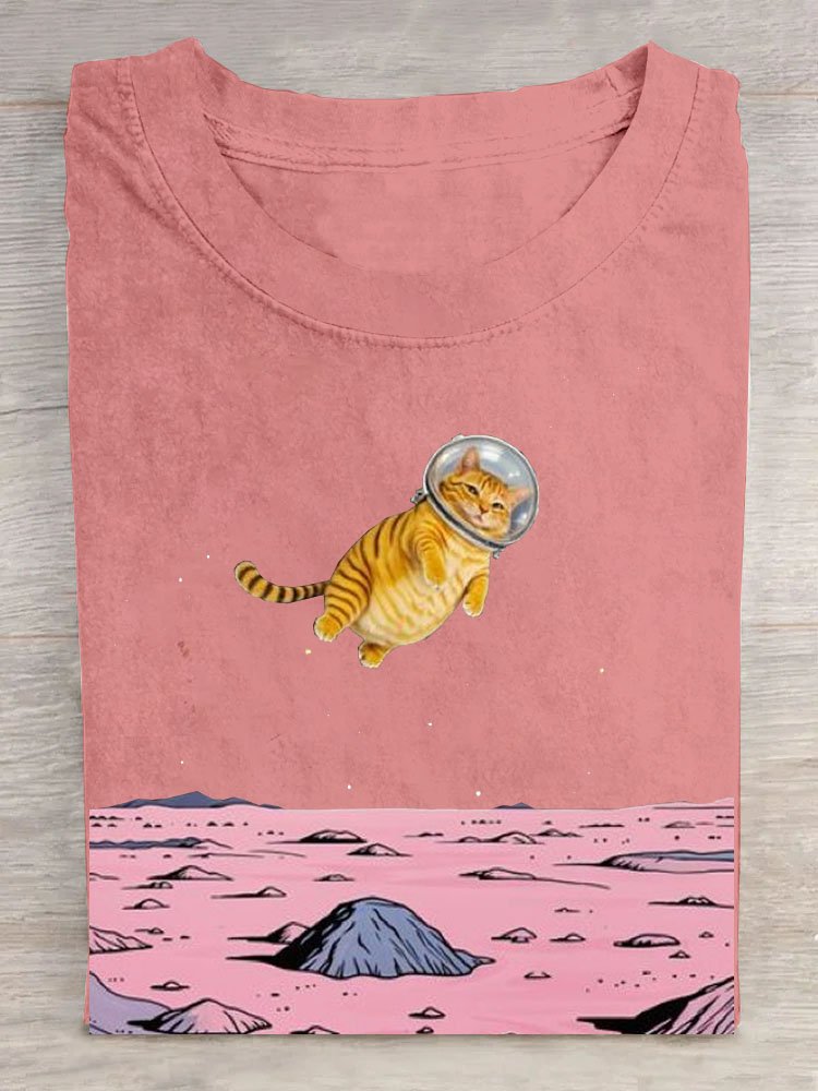 Funny Space Cat Printed Casual T-Shirt