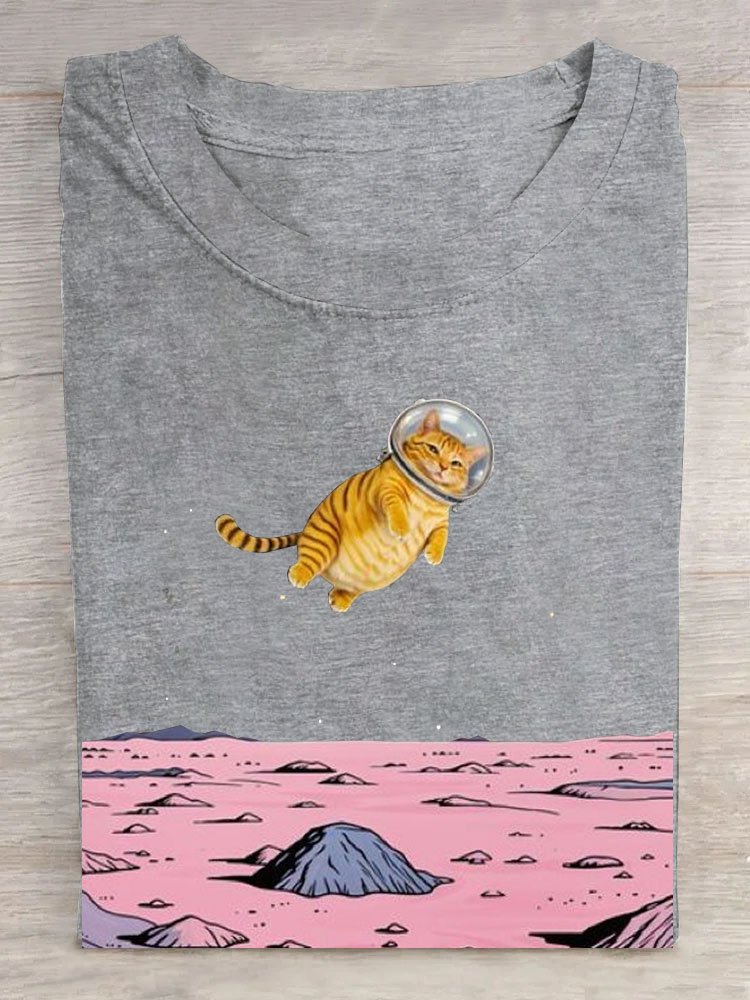 Funny Space Cat Printed Casual T-Shirt