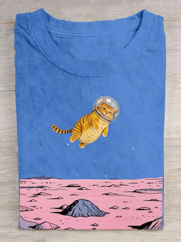 Funny Space Cat Printed Casual T-Shirt