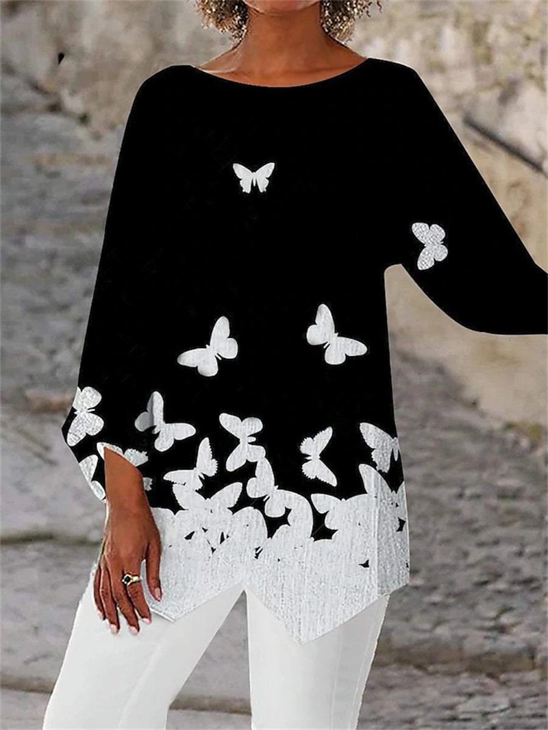 Crew Neck Loose Casual Butterfly Blouse