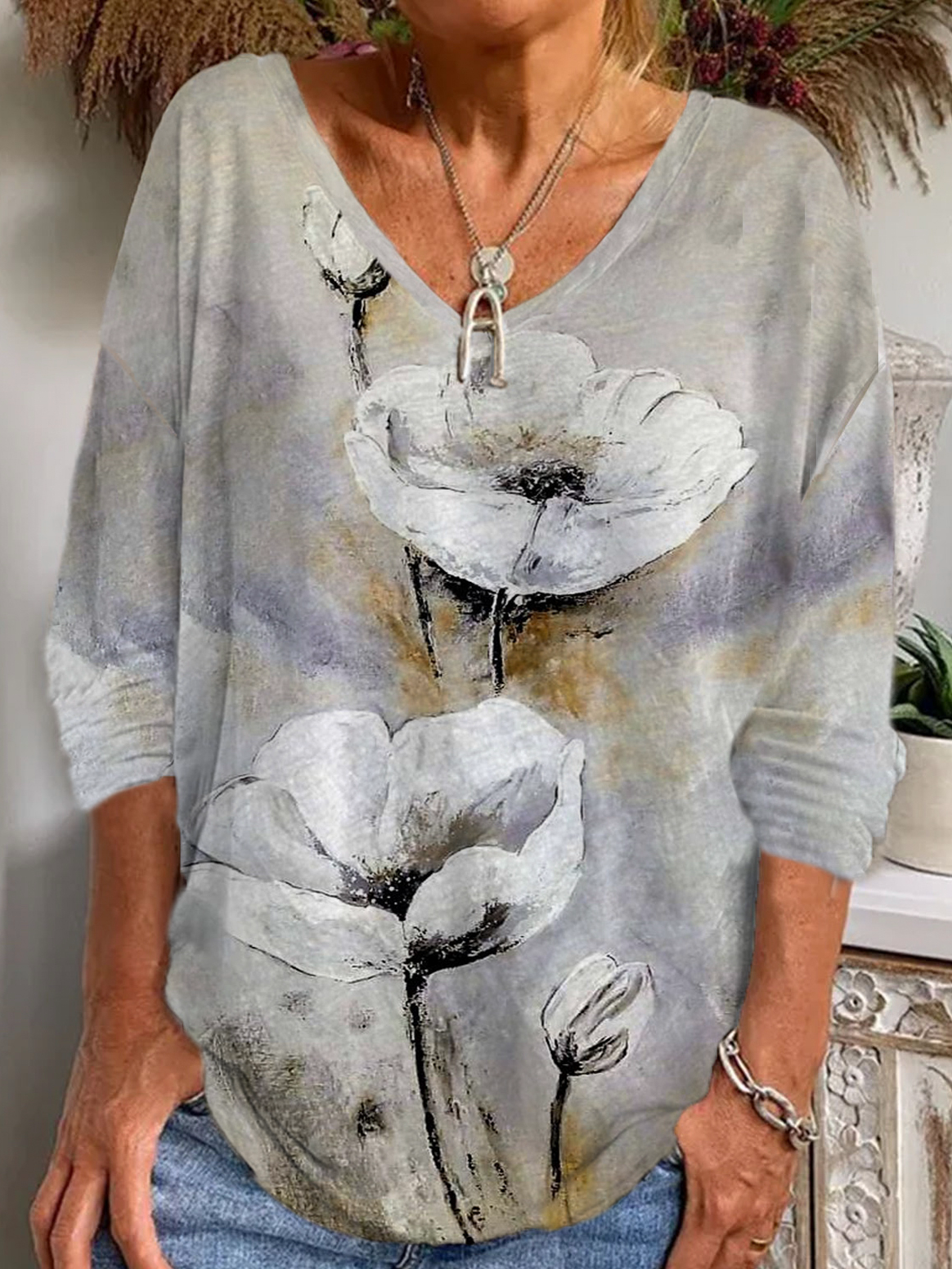 Casual Floral V Neck Loose T-Shirt