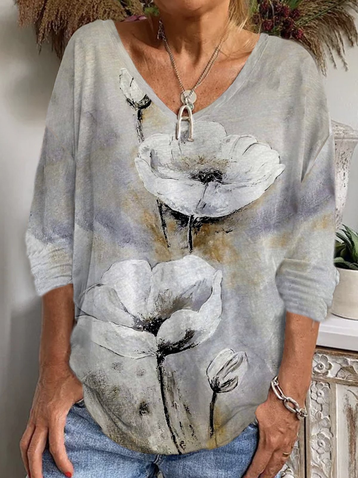 Casual Floral V Neck Loose T-Shirt