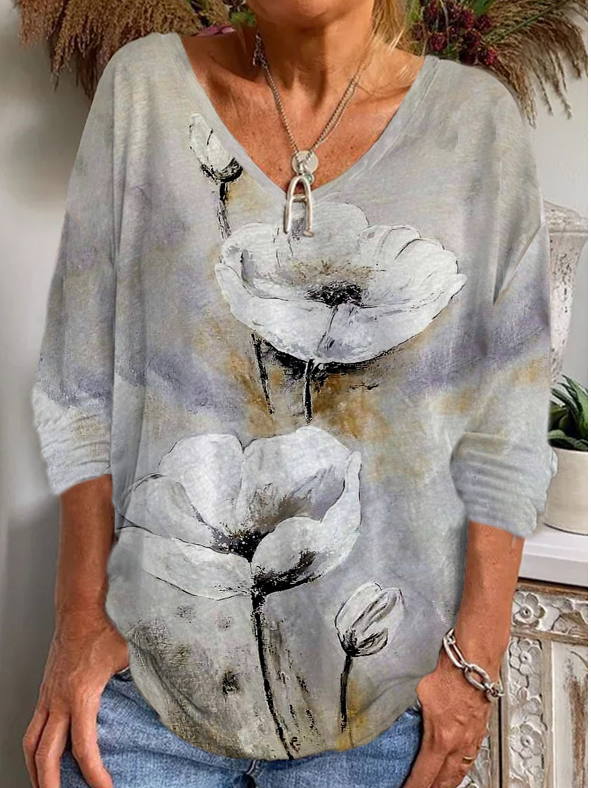 Casual Floral V Neck Loose T-Shirt