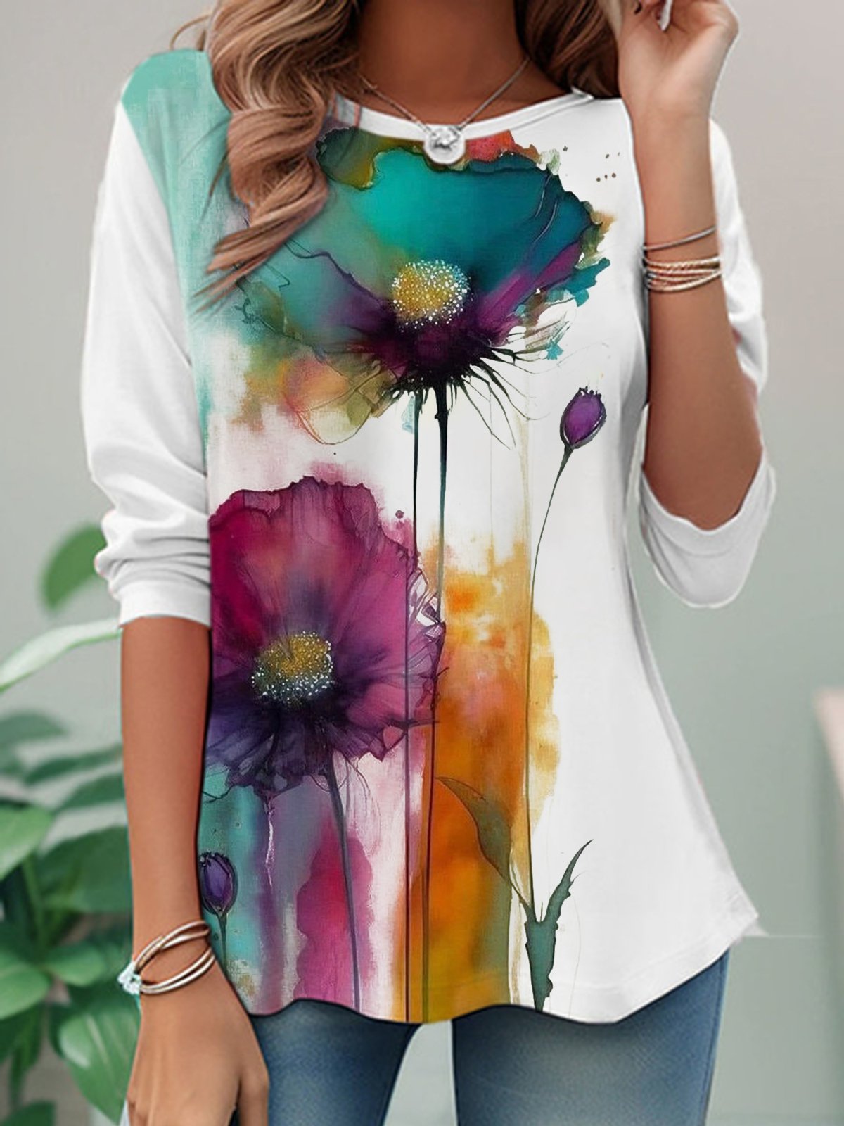 Floral Casual Jersey Crew Neck T-Shirt