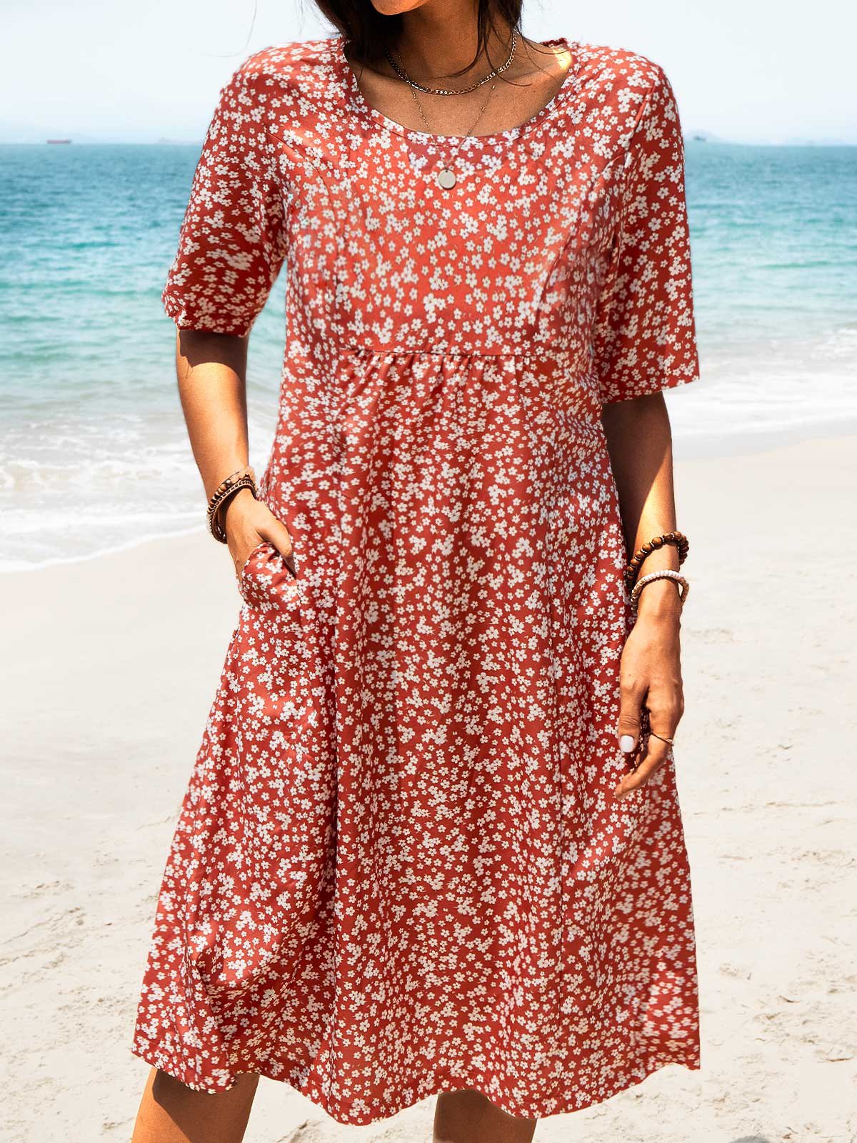 Pockets Round Neck Loosen Midi