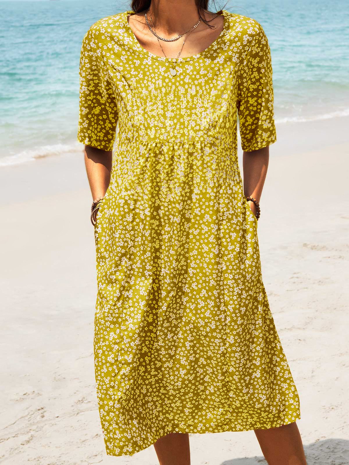 Pockets Round Neck Loosen Midi