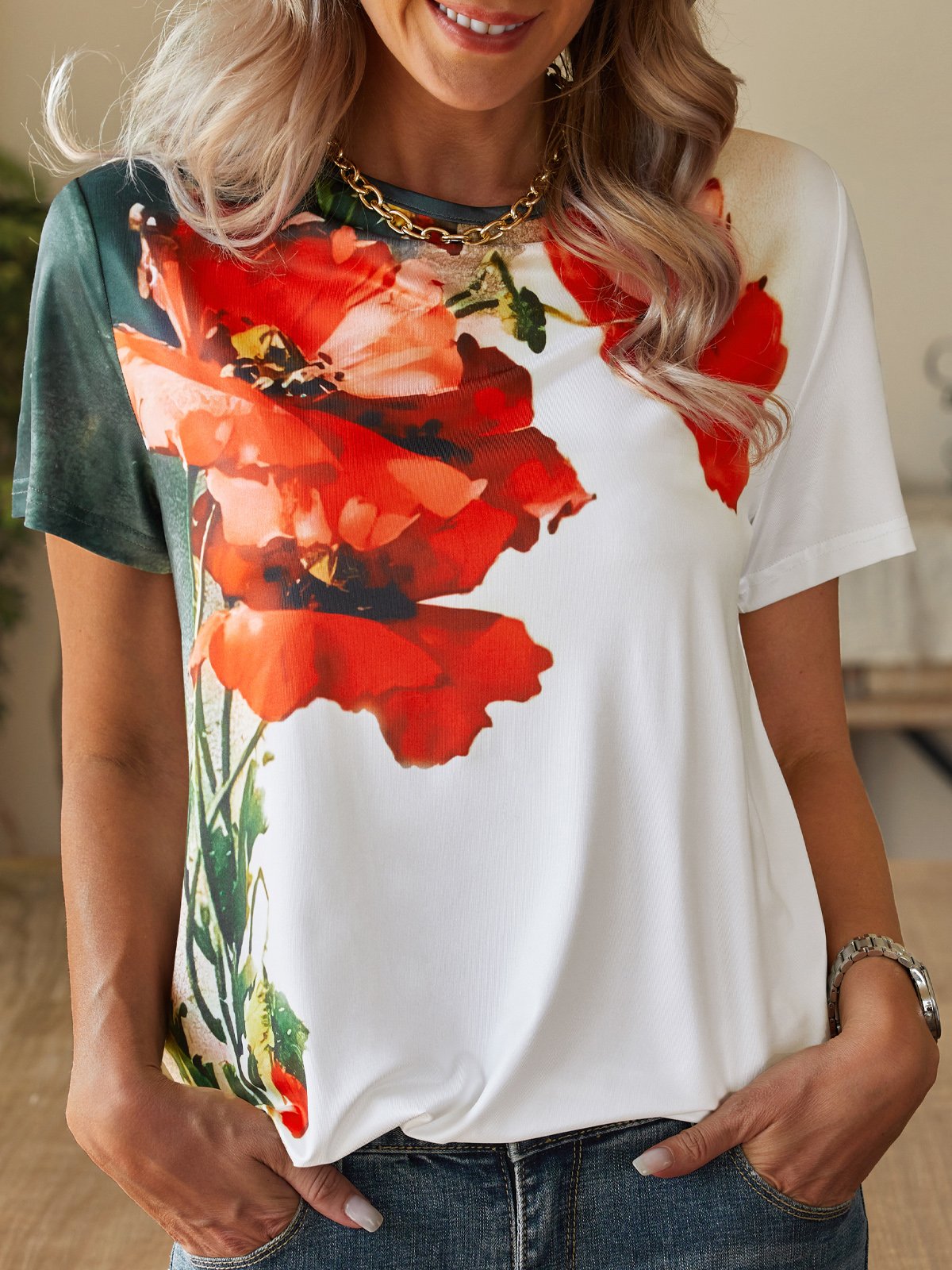 Casual Floral Cotton Blends T-shirt