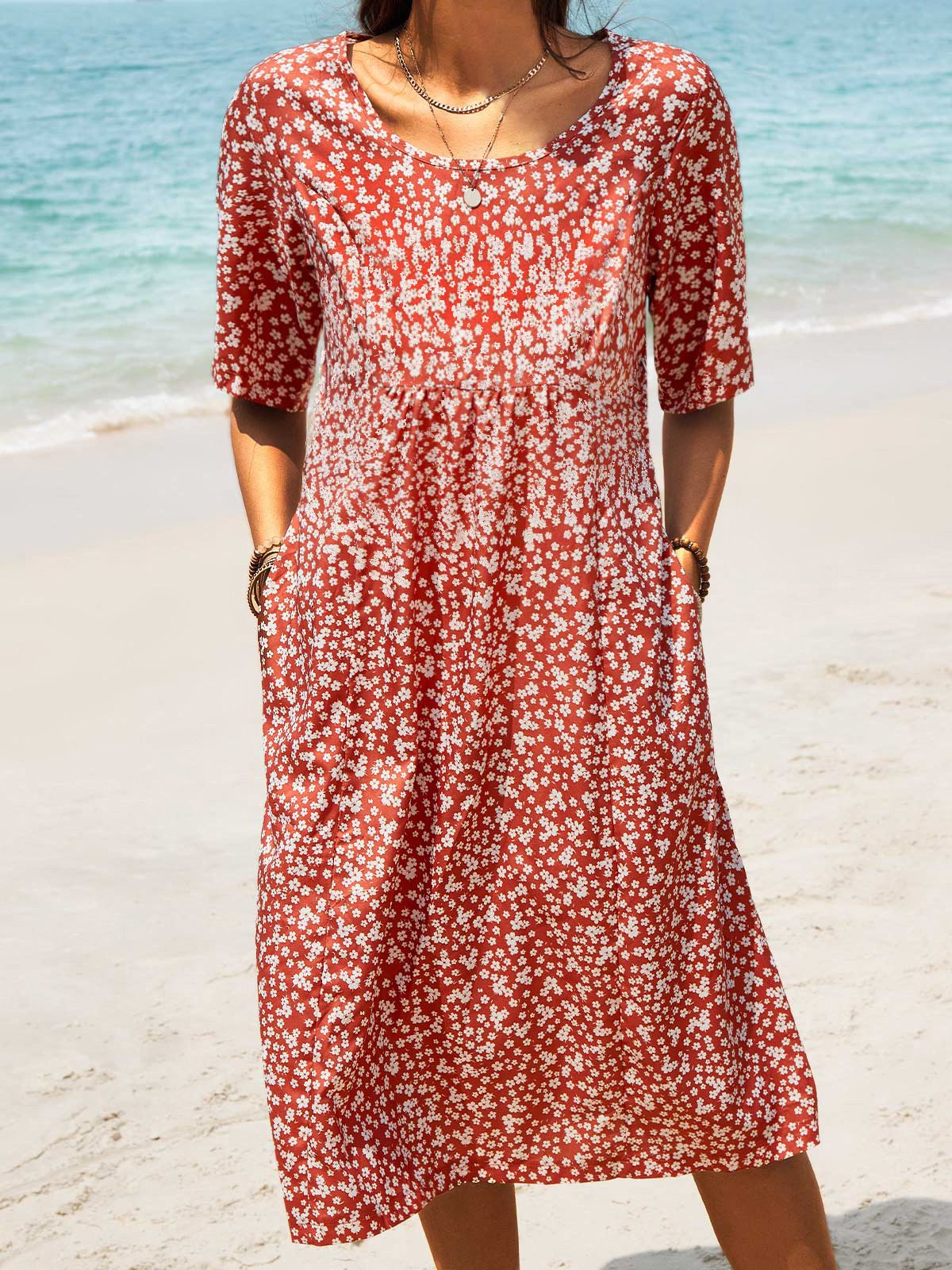 Pockets Round Neck Loosen Midi
