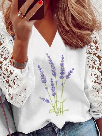 Casual v-neck lavender print lace stitching top Women