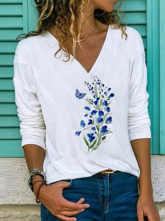 Floral Long sleeve Casual V Neck Top Women