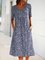 Navy Blue Short Sleeve Shift Floral-Print Causal Dresses