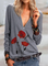 Gray Floral Long Sleeve Shift Knitted Shirts & Tops