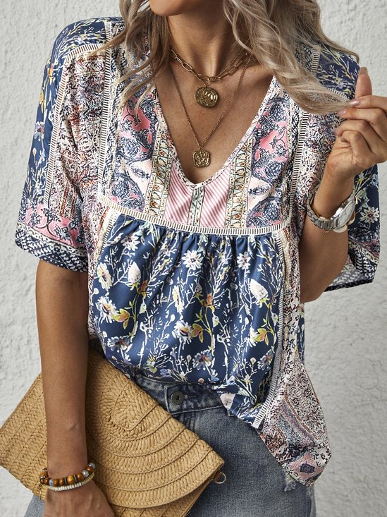 Half Sleeve Polyester Fibre V Neck Vintage Top