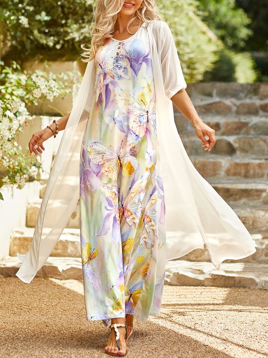 Butterfly Printed Casual Round Neck Dress With Coat Two-Piece Set