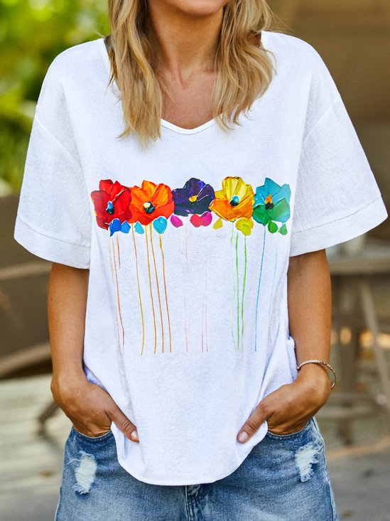 Women Floral Summer Casual V neck Lightweight Short sleeve Loose Cotton H-Line Top