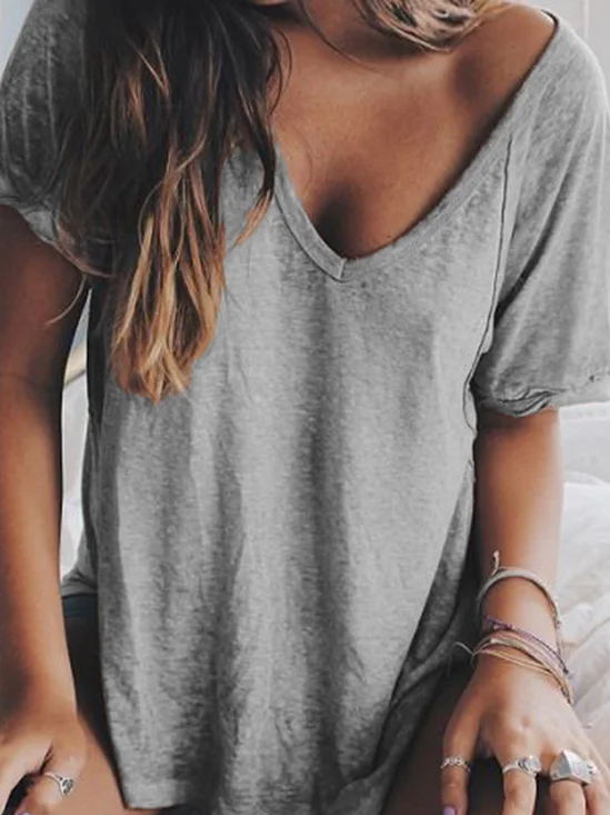 Casual V Neck Plain T-shirt