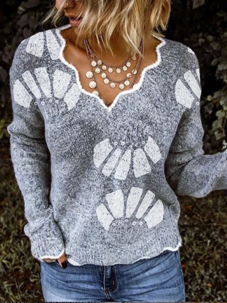 Floral Casual Wool/knitting Sweaters With Necklace