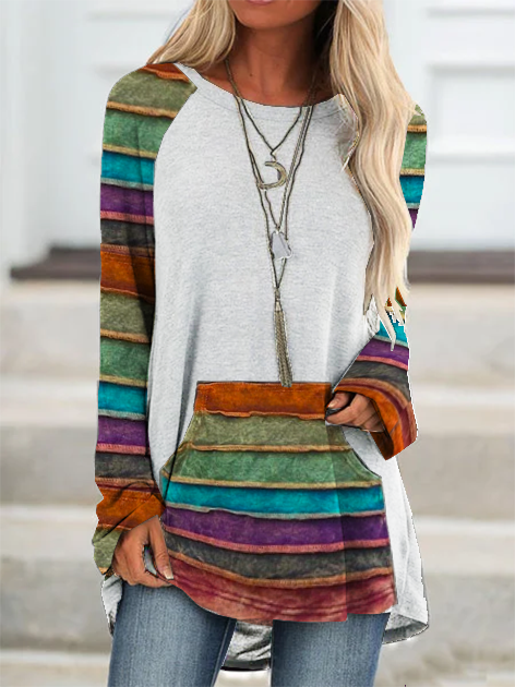 Loosen Raglan Sleeve Striped Round Neck Sweatshirt &pullover