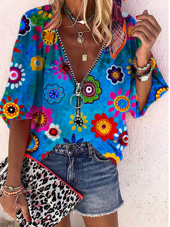 Casual V Neck Printed Blouses