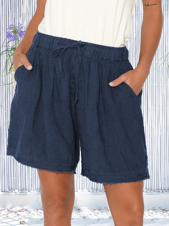 Loosen Cotton Blends Solid Shorts