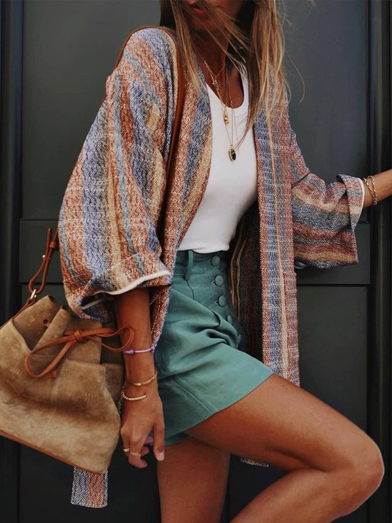 Cotton Blends Striped Collarless Cardigans
