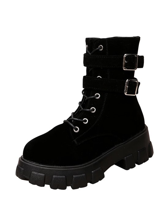 Pu Leather Chunky Heel Combat Boots