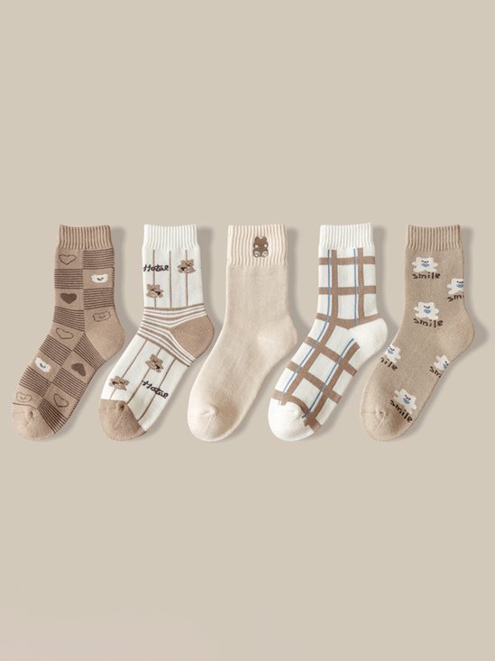 Retro Bear Heart Cotton Warm Socks 5 Piece Set