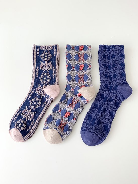 3 Pairs Of Forest Style Palace Style Embroidered Women's Socks