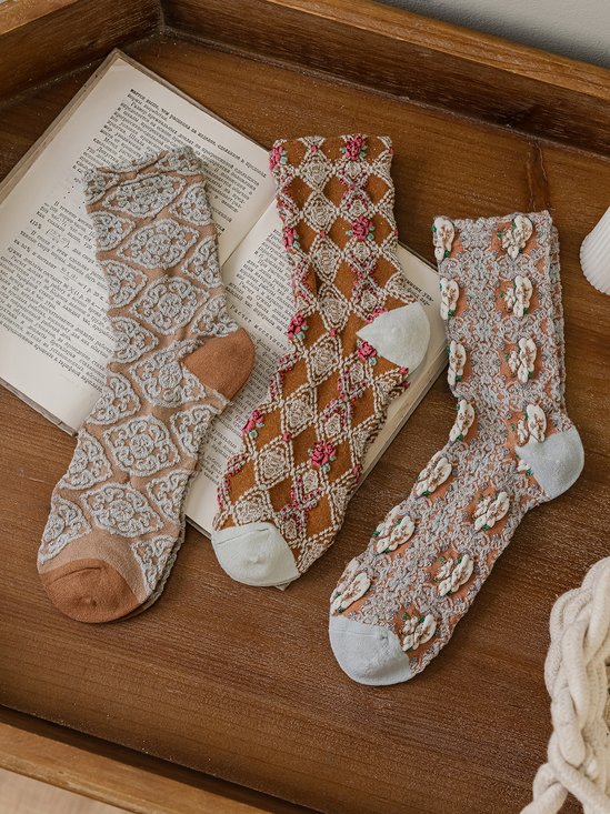 3 Pairs Of Literary Retro Striped Floral Socks