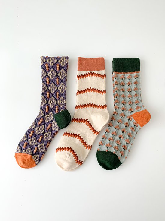 3 Pairs Of Literary Retro Striped Floral Socks
