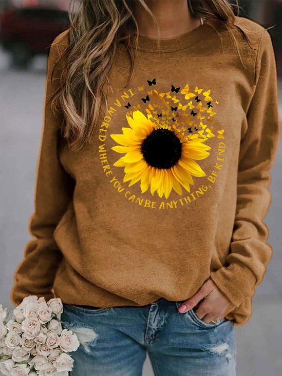 Cotton Blends Sunflower Casual Hoodies & Sweatshirt