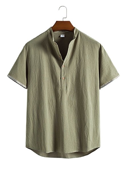 Short Sleeve Vintage Stand Collar Plain Men-Shirts