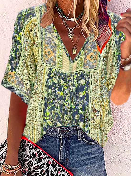 Vacation Floral V Neck Cotton Blends Blouses