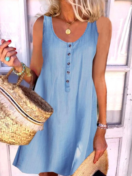 Crew Neck Casual Plain Denim Shorts