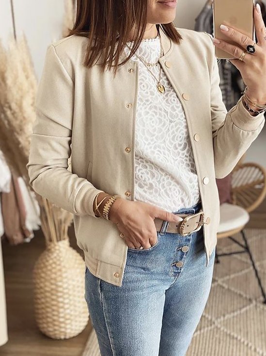 Women Casual Plain Autumn Polyester Natural Long sleeve Regular H-Line Regular Jacket