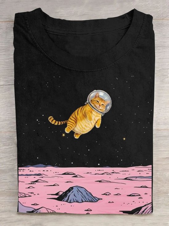Funny Space Cat Printed Casual T-Shirt