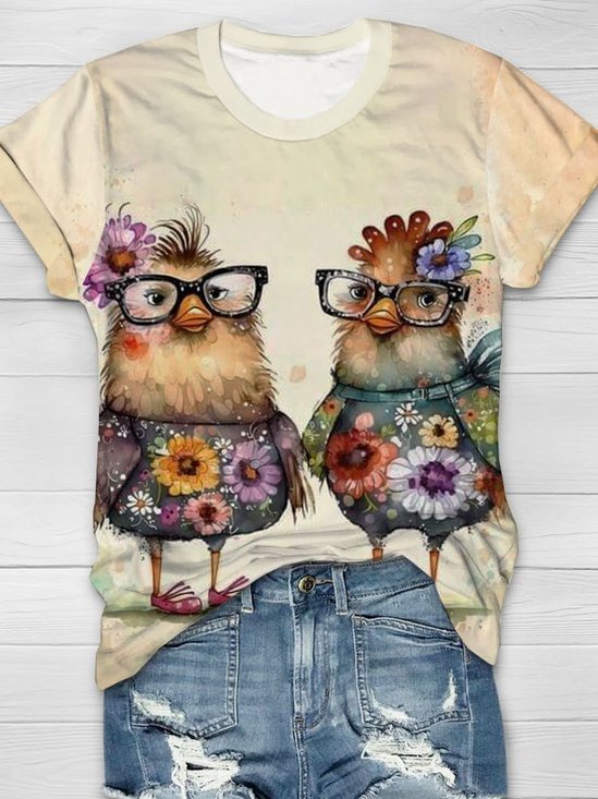 Funny Chicken print short sleeved round neck T-shirt