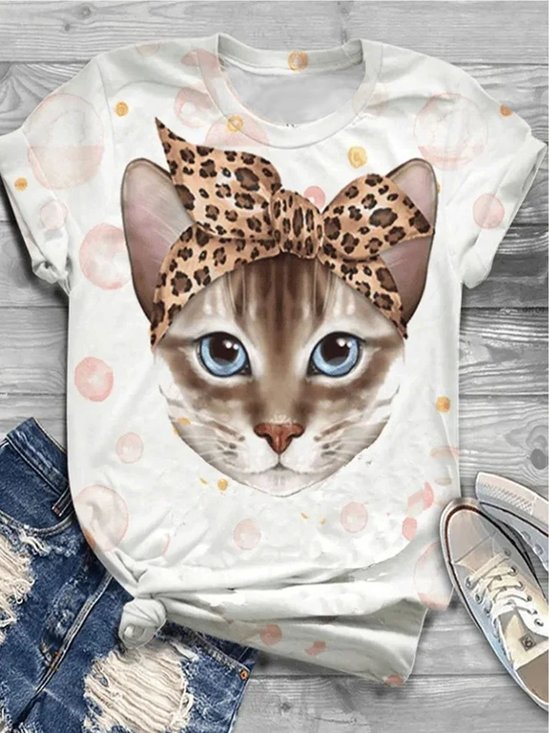 Cat print short sleeved round neck T-shirt